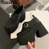 Aneikeh Schnalle Street Style Plattform Stiefeletten Herbst Winter Fashion Square High Heels Zipper Kurze Booties Frauen Schuhe