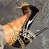 Goldkette Spikes schwarz runde Zehen flache Plattform Pumps Slip auf Frauen Schuhe dünne High Heels
