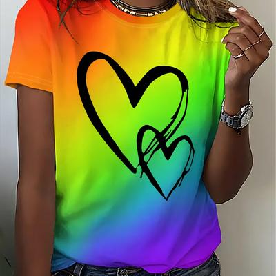 TEMU Women's Casual Short Sleeve Crew Neck T-shirt - Rainbow Gradient Heart Print, Lightweight Breathable Fabric, Machine Washable, For Casual Attire, Trendy Fashion Top, Easycare Clothing Image