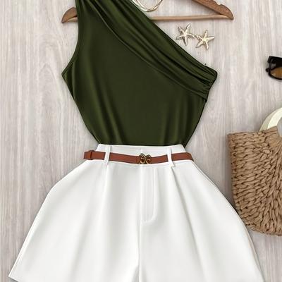 TEMU Women's Off-shoulder Crop Top & Shorts Set - Sleeveless, Solid Green, Polyester, Spring/summer Fashion, Belt Not Included, Casual Attire|sleek Crop Top|polyester Fabric Image