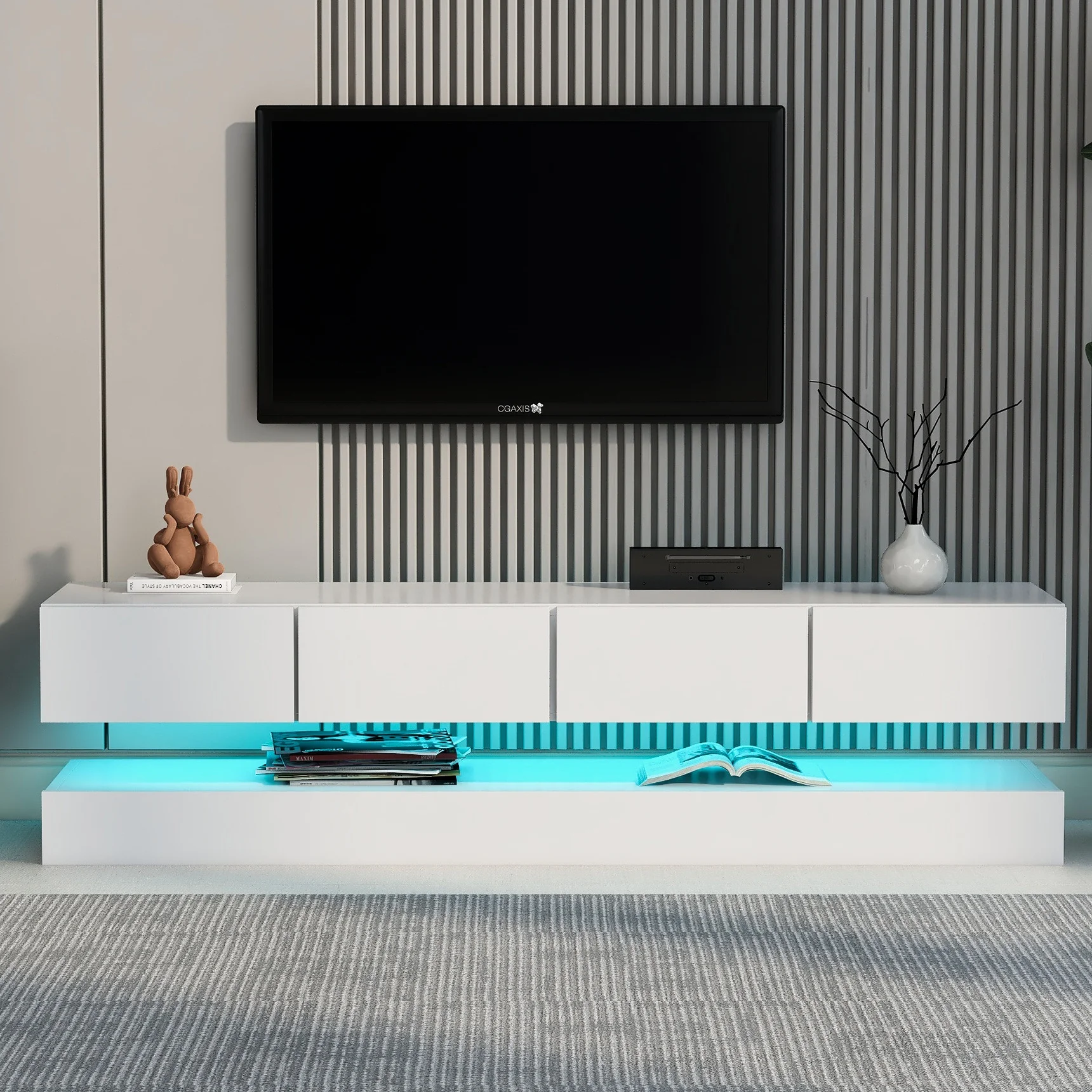 Wandmontierter TV-Schrank,TV-Ständer, TV-Möbel mit 2 Schränken und 4 großen Schubladen, 16-farbige LED-Beleuchtung