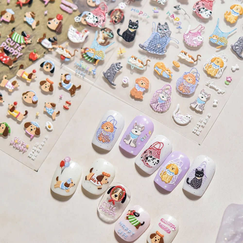 Mesh Net 5D Nail Art Aufkleber Schöne Katze Hund Libelle Floral Kirsche Pfotenabdruck Knochen Welpe Kätzchen Selbstklebender Maniküre Aufkleber Image