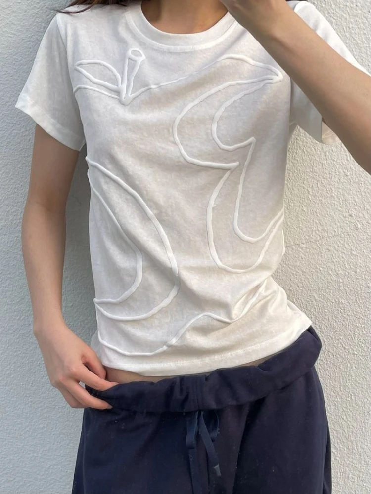 HOUZHOU Harajuku Weiße T-Shirts Frauen Vintage Casual Y2k Durchsichtige Kurzarm Tops Sommer Grundlegende Retro Fashion Solid T-Shirts