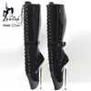 2025 frauen Mid-kalb Stiefel Seite Zipper Lace-up Ballett Stiefel Metall Dünne Ferse 22 CM Leistung Fetisch mode Schwarz Schuhe Mit Schloss