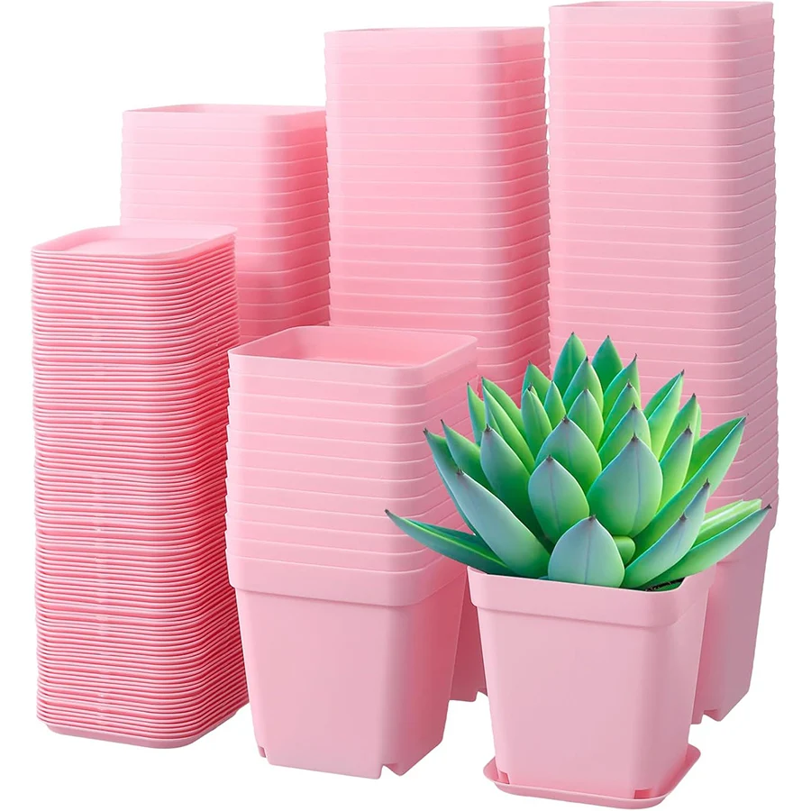 6/12 Stück 7 cm rosa quadratische Blumentöpfe aus Kunststoff mit Tablett, Kindergartentopf für saftige Büro-Desktop-Gartenarbeit, Balkon-Dekoration