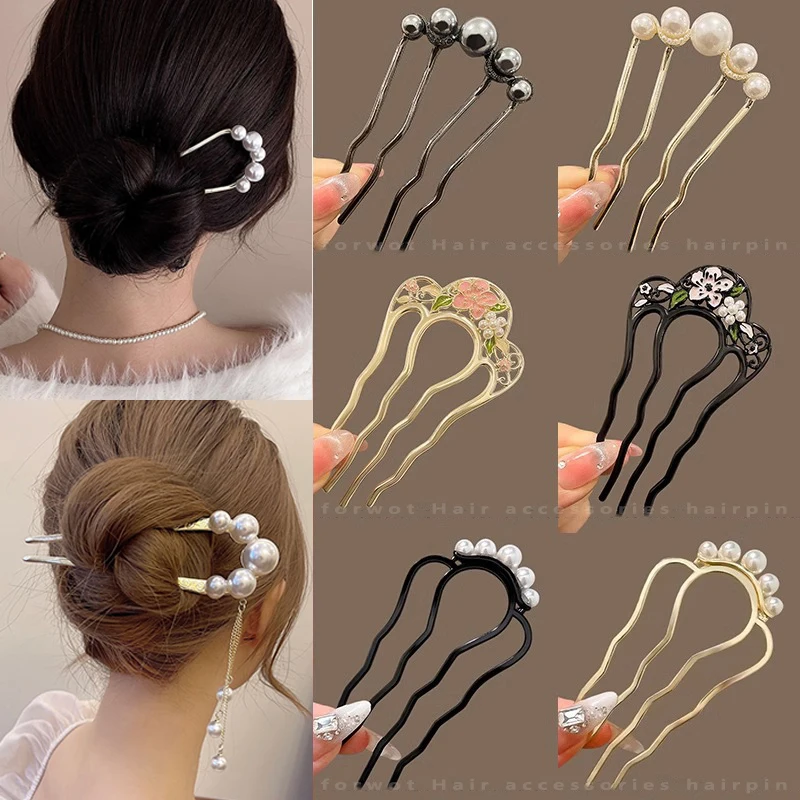 Metall U-Förmigen Haar Sticks Kämme Perle Quaste Haar Gabel Haar Clip Haarnadeln Frauen Mädchen Haar Zubehör Ornament Styling werkzeug Image