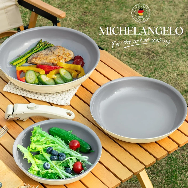 MICHELANGELO Bratpfannenset mit abnehmbarem Griff, antihaftbeschichtete Keramikbeschichtungspfannen zum Kochen, 8/9,5/11 Zoll Bratpfannen, ofensicher Image