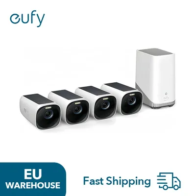eufy Security eufyCam S330 (eufyCam 3) 4-Cam Kit, Security Camera Outdoor Wireless, 4K with Integrated Solar Panel, Face Recognition AI, Expandable Local Storage, Spotlight, No Monthly Fee