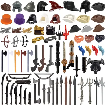 MOC Militär Bausteine Mittelalterliche Soldaten Ritter Figuren Waffen Zubehör Hexe Hut Helm Schild Image