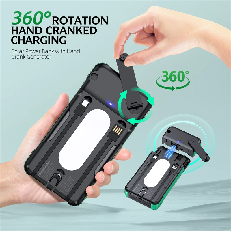 Handkurbel Solar Power Bank 20000 mAh Outdoor Tragbares Ladegerät Powerbank für iPhone Samsung Huawei Xiaomi Externe Ersatzbatterie Image
