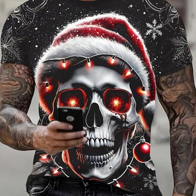 TEMU Men's 3d Printed Skull & Colorful Christmas Lights Graphic T-shirt - Casual Short Sleeve Round Neck Summer Top, Machine Washable Regular Fit For Outdoor & Holiday Parties Image