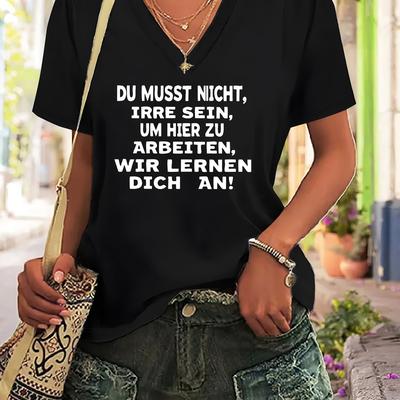 TEMU Plus Size Black V-neck Short Sleeve T-shirt For Women, German Proverb Fun & Quirky Quote Print, Casual Top, , Medium Stretch Fabric, Tee | Trendy Casual Wear | Quality Clothing Image