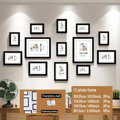 TEMU Combination Of 13 Wooden Photo Frames, Suitable For Family Wall Decoration, Includes Positioning Drawings Image