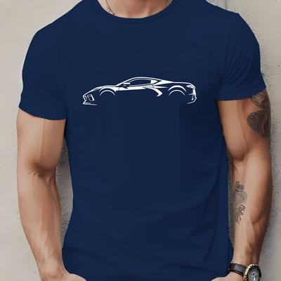 TEMU Men's Racing Car Print T-shirt, Casual Round Neck Short Sleeve Tee, Polyester, Geometric Pattern, Lightweight Summer Top, Regular Fit, Crew Neck, For Daily And Image