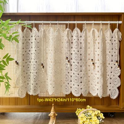 TEMU 1pc Rustic Boho Crochet Tie Top Curtain Panel - Geometric Pattern, Knit Weave, Unlined, , Care, Versatile Room Decor, Curtains For Image