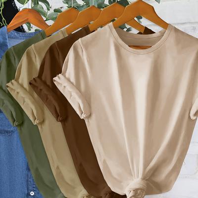 TEMU Four-pack Women's Casual Solid Color Short Sleeve T-shirts - Soft Polyester, Round Neck, Regular Fit, , Assorted Colors (beige, Brown, Olive, Mustard) Image
