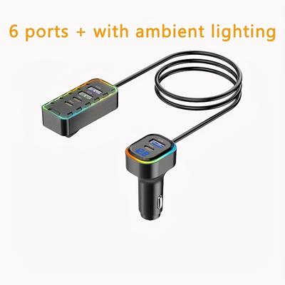 TEMU Gyioeupt 6-in-1 Quick Car Charger With Type-c And Usb Ports, 7-foot Extension Cable, Extended Rear Charging Non-slip Clip, Voltage Display, Vehicle Charging Adapter For Front And Rear Seats Image
