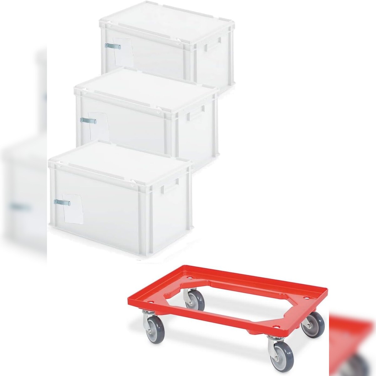 BRB 3x Archivboxen für je 7 Ordner (A4, breiter Rücken), weiß, inkl. Transportroller, rot Image