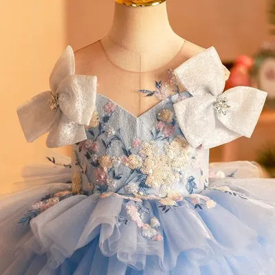 Mädchen blau Blumen Pailletten gestufte Tüll Prinzessin Kleid für Kinder elegante Geburtstag Image