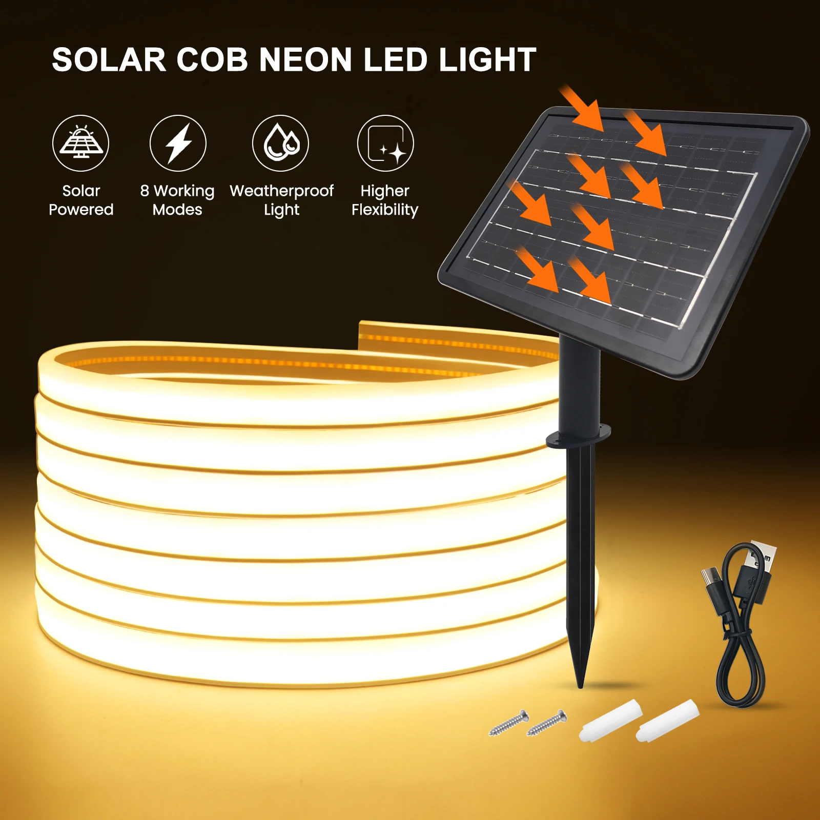 Solar-COB-LED-Streifen für den Außenbereich, 24 V, 320 LEDs/m, Neon-Lichtschlauch, wasserdicht, flexibles Klebeband, 0,5 m–10 m, Solar-LED-Beleuchtung für den Garten