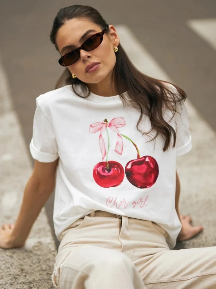 Sumuyoo 100% Baumwolle Modische Gedruckt T-shirt frauen Casual Vintage Kurzhülse Obst Druck T Shirts Hip Hop Lose top