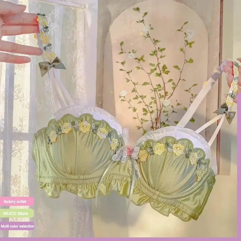 Retro bestickte Luxus-Seidenunterwäsche, kleine Brust, sammeln, reines Verlangen, süße Spitze, sexy Top-Stütz-BH-Set Image