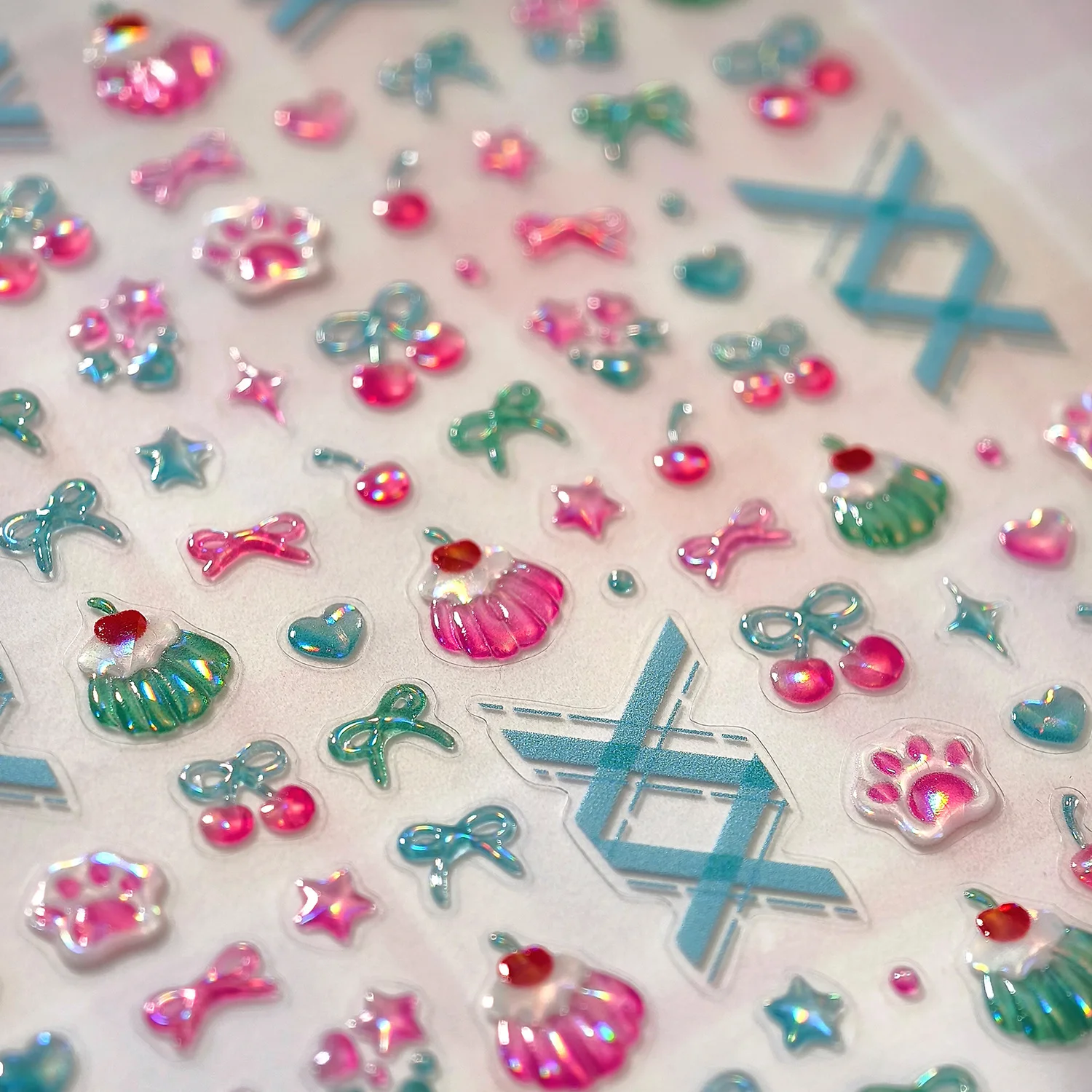 Kawaii Jelly Bowknot Rosa Katzenpfote 5D Nagelaufkleber Süße Kirschpudding Kuchen Liebe Herzen Sterne Selbstklebende Maniküre Aufkleber DIY Image