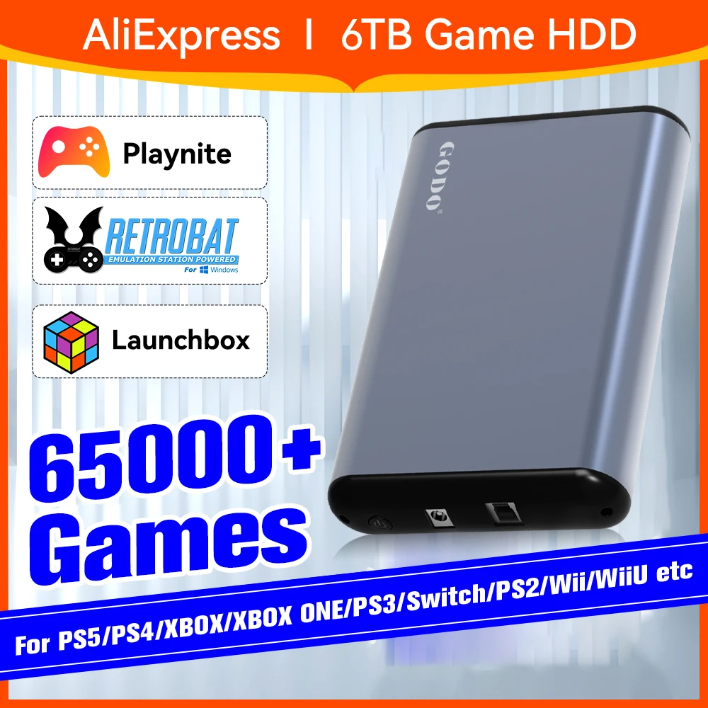 Tragbare externe 6T HDD Hyper Base Mix Launchbox & Playnite & Retrobat mit über 65000 Spielen für PS5/PS4/XBOX/PS3/PS2/Switch/Wii/SS