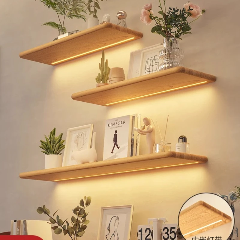 Wandregal aus massivem Holz, leuchtendes Laminat, integriertes LED-Lichtwandregal, Ein-Wort-Regal, Bücherregal, Ehrenwand-Display-Regal Image