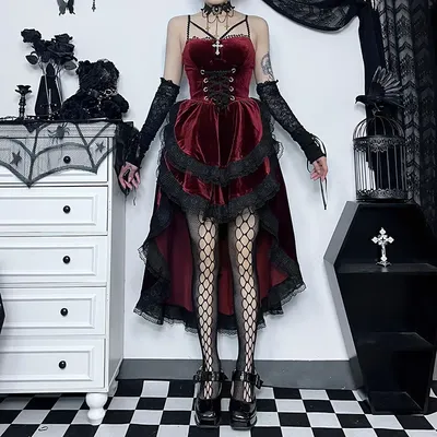 Frauen Gothic Stil Kleid Herbst Neue Dark Sexy Hottie Schlank Hängenden Hals Krawatte Taille Drag Saum Kleid Weibliche Cosplay Kostüme Image