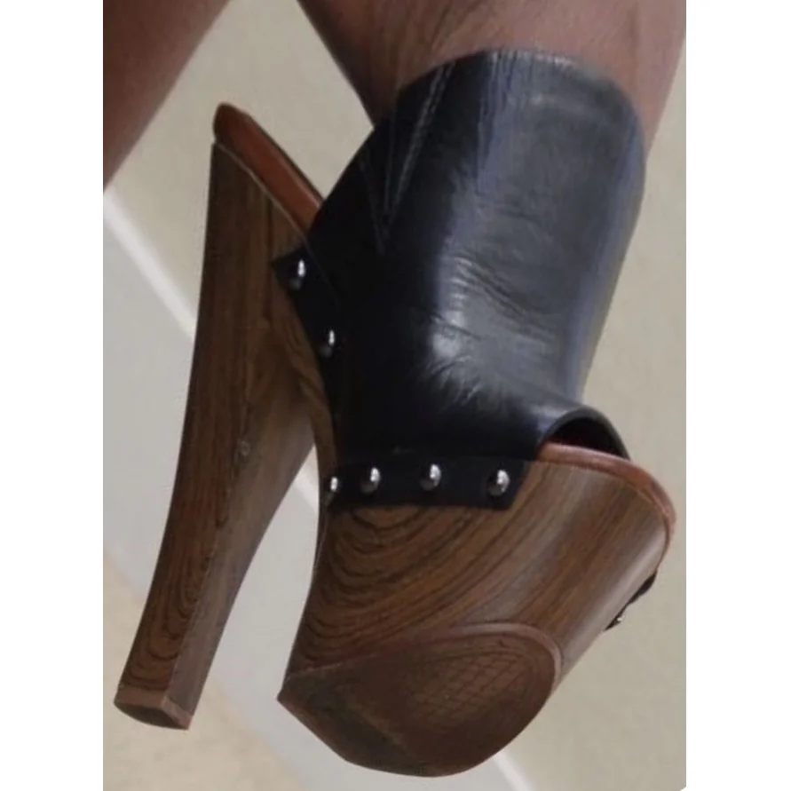 Schwarz Niet Holz Muster Slip Auf Plattform Sandalen Thin High Heel Mode Sexy Sommer Große Größe 2025, Frau Schuhe Zapatillas Mujer