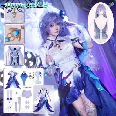 Wuthering Waves Cantarella Cosplay Anime Qualle Unregelmäßiges Kleid Blau Lila Lolita Kopfbedeckung Image