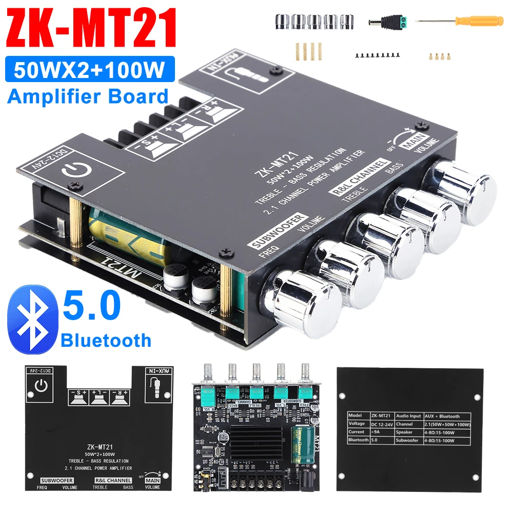ZK-MT21 Amplificatore subwoofer 2x50W + 100W Potenza Bluetooth 5.0 Scheda amplificatore audio a 2.1 canali AMP per basso Amplificatore audio stereo AUX