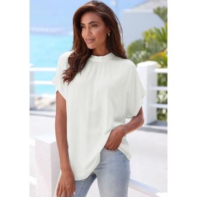 Kurzarmbluse LASCANA, Damen, Gr. 46, beige (creme), Web, Obermaterial: 100% Viskose, unifarben, modisch, figurumspielend hüftlang, Kurzarm weit, Blusen, in lockerer Passform, Damenbluse, sportlich elegant Image