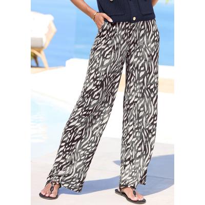 Palazzohose LASCANA, Damen, Gr. 46, N-Gr, creme, graublau bedruckt, Jersey, Obermaterial: 100% Viskose, bedruckt, modisch, figurumspielend lang, Hosen, aus Viskosejersey, Schlupfhose mit Alloverprint und Taschen Image