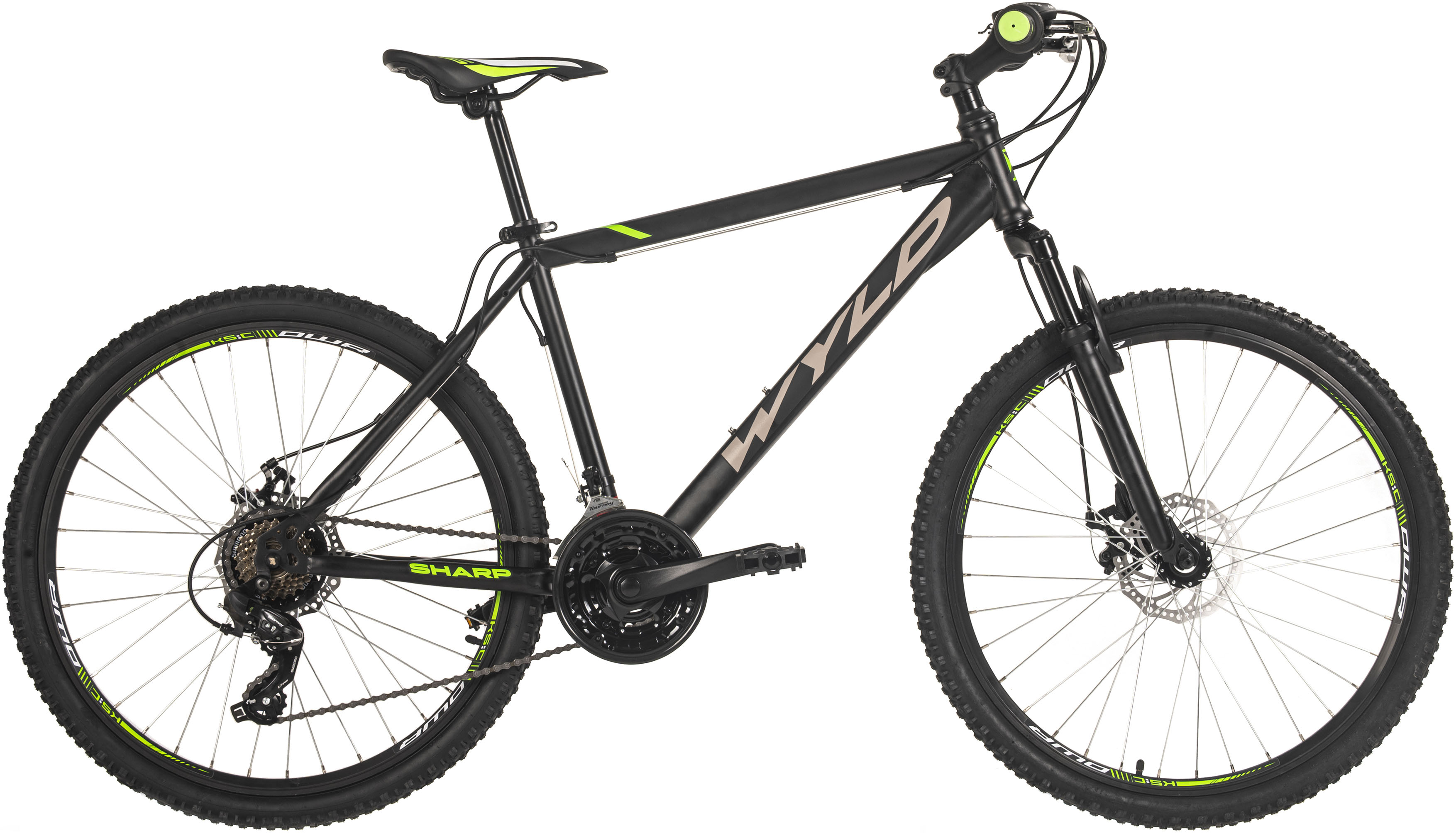 Mountainbike WYLD "Mountainbike Hardtail 26'' Sharp Schwarz-Grün 21 Gänge RH 46 bzw. 51cm" Gr. 51, schwarz (schwarz, schwarz), Fahrräder, 51cm, 26 Zoll (66,04cm) hinten: 26 Zoll (66,04cm) Image