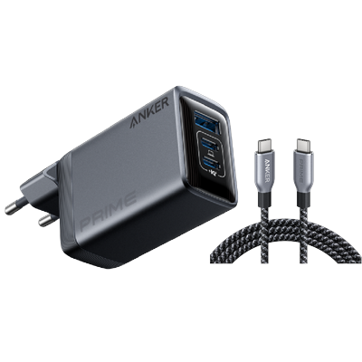 Anker Prime Ladegerät (100W, 3 Ports, GaN)+Anker Prime USB-C auf USB-C Kabel (240W, Upcycled-Flechtdesign) Image