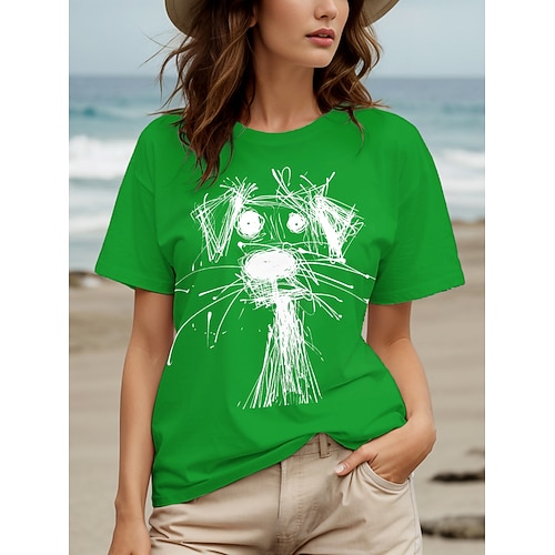 Damen T Shirt Druck Grafik Tiermotiv Hund Vintage Stilvoll Klassisch Kurzarm Rundhalsausschnitt Rundhals Normale Oberteile Täglich Wochenende Blau Schwarz Weiß Rote Purpur Sommer Frühling Image