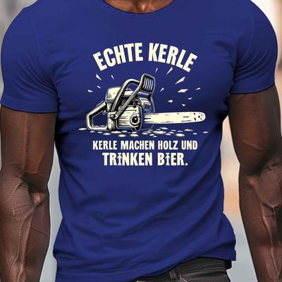 "TEMU Men's Chainsaw Graphic T-shirt - German Text "etche " Design, Casual Crew Neck Short Sleeve, Lightweight Summer Tee, Black Polyester , Machine Washable" Image