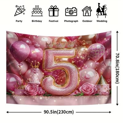 "TEMU 1pc Pink 5th Birthday Party Backdrop - Glittery Golden "5" With Crown & Balloons, Polyester, Ideal For Home Entrance, Porch & Garden Decorations, Birthday Party Decorations" Image