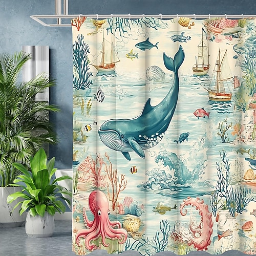 Duschvorhang mit Meerestier-Schildkröte und Haken für Badezimmer, Duschvorhang, Badezimmer-Dekor-Set, Polyester, wasserdicht, 12 Stück, Kunststoffhaken Image