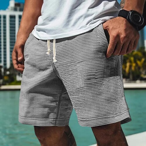 Herren Waffel-Shorts Sweat-Shorts Shorts Bermudashorts Strandshorts Elastischer Bund Kordelzug Einfach Komfort Sport Knielang Outdoor Täglich Urlaub Klassicher Stil Weiß Blau Mikroelastisch Image