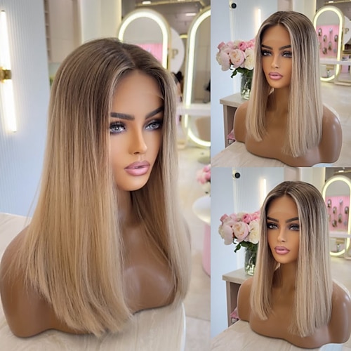 Remy Echthaar 5x5 Verschluss 13x4 Spitzenfront Perücke Kurzer Bob Brasilianisches Haar Glatt Blond Perücke 130% 150% Haardichte mit Babyhaaren Ombre-Haar 100% Unbehandelt Kleberfrei Vorgerupft Für Image