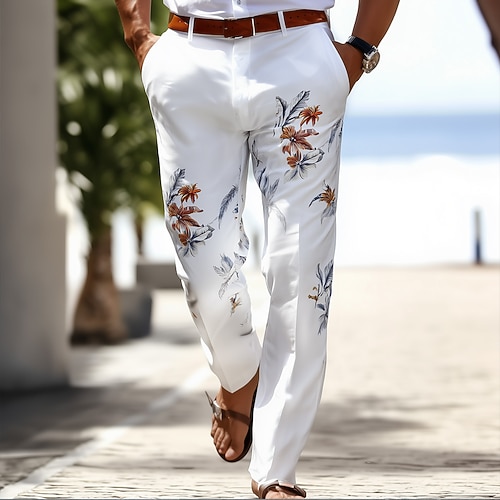 Herren Blumendruck Blumen Anzughose Hose Mittlere Taille Lässig Outdoor Urlaub Normale Passform Flache Front Gerade geschnittene Hose mit Taschen Sommer Frühling Herbst 3D-Druck Weiß Blau Purpur Image