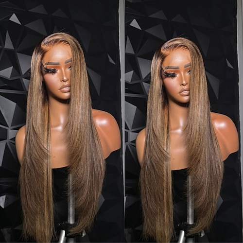 Remy Echthaar 5x5 Verschluss 13x4 Spitzenfront Perücke Stufenschnitt Brasilianisches Haar Gewellt Braun Mehrfarbig Perücke 130% 150% Haardichte mit Babyhaaren Hervorgehobenes / Balayage-Haar 100 Image