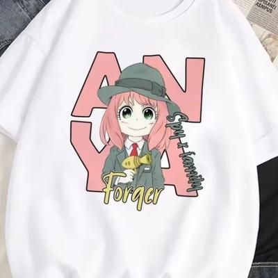 TEMU Women' Anime Graphic Print T-shirt - Short Sleeve Crew Neck Casual Top With Medium Stretch, Machine Washable, For Casual Attire, Anime T Shirt, Design, Mediumstretch Fabric Image