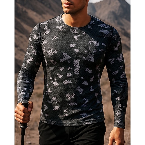 Herren Wanderspitze T-Shirt Langarm Rundhalsausschnitt T-Shirt Oberteil Außen Schnelltrocknend Leicht Elastisch Atmungsaktiv Frühling Herbst Pullover Polyester Tarnung Königsblau Blau Grau Tennis Image
