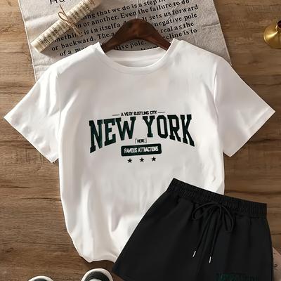 TEMU Fashionable New Monogram Print Drawstring Two-piece Set, Short Sleeve T-shirt And Short Jogging Bottoms Clothing, Women's Image