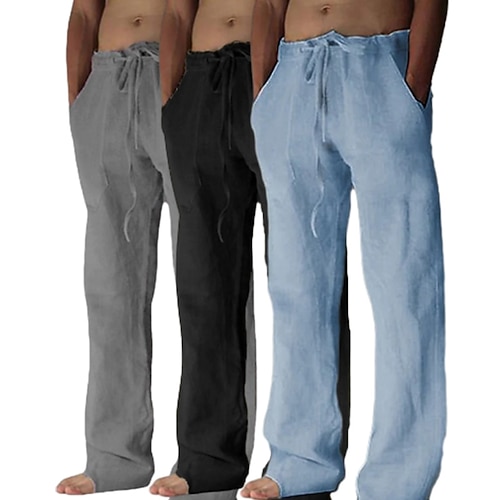 Herren Leinenhosen Hose Sommerhose Baggy-Hosen Strandhose Kordelzug Tasche Mehrfachpackung Einfach Komfort Leicht Volle Länge Yoga Lässig Täglich Urlaub Klassicher Stil Lässiger Schnitt Khaki Wei Image