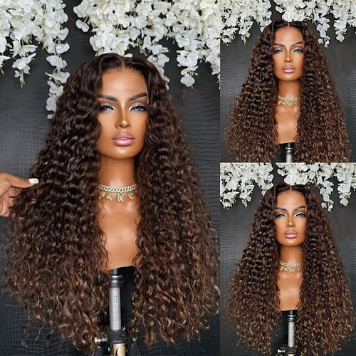 Remy Echthaar 5x5 Verschluss 13x4 Spitzenfront Perücke Freier Scheitel Brasilianisches Haar Lockig Braun Kastanienbraun Perücke 130% 150% Haardichte mit Babyhaaren Ombre-Haar 100% Unbehandelt Image